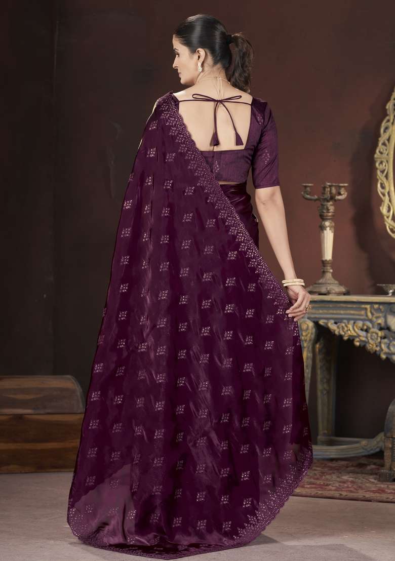 Wine Embroidered Silk Blend Saree Set for Diwali and Festive Wear - Indya