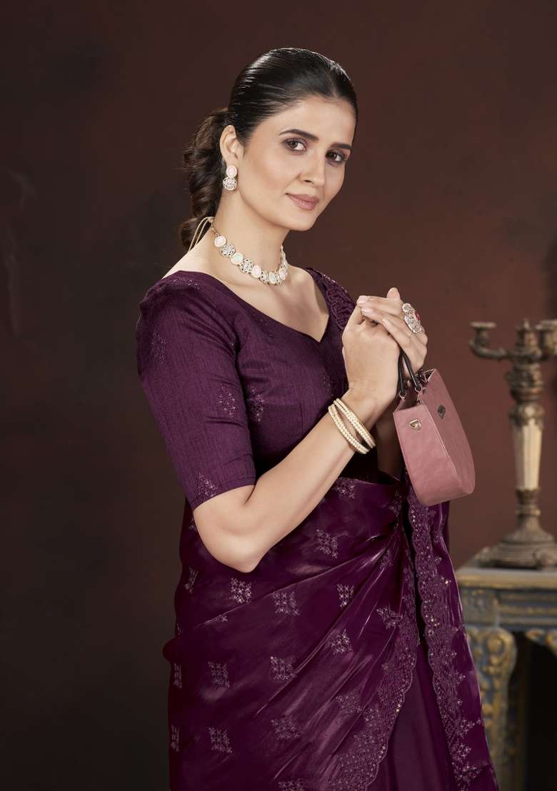 Wine Embroidered Silk Blend Saree Set for Diwali and Festive Wear - Indya