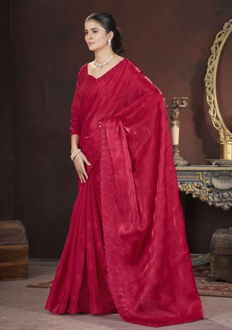 Red Embroidered Silk Blend Saree Set for Diwali and Festive Wear - Indya