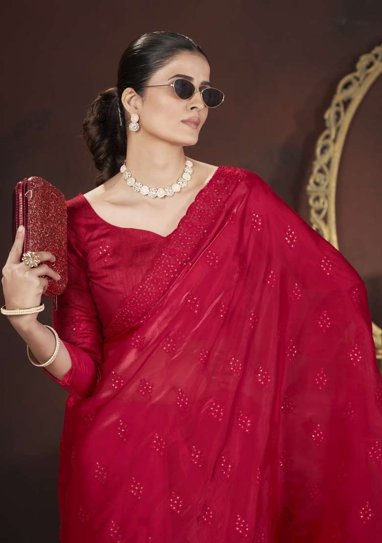 Red Embroidered Silk Blend Saree Set for Diwali and Festive Wear - Indya