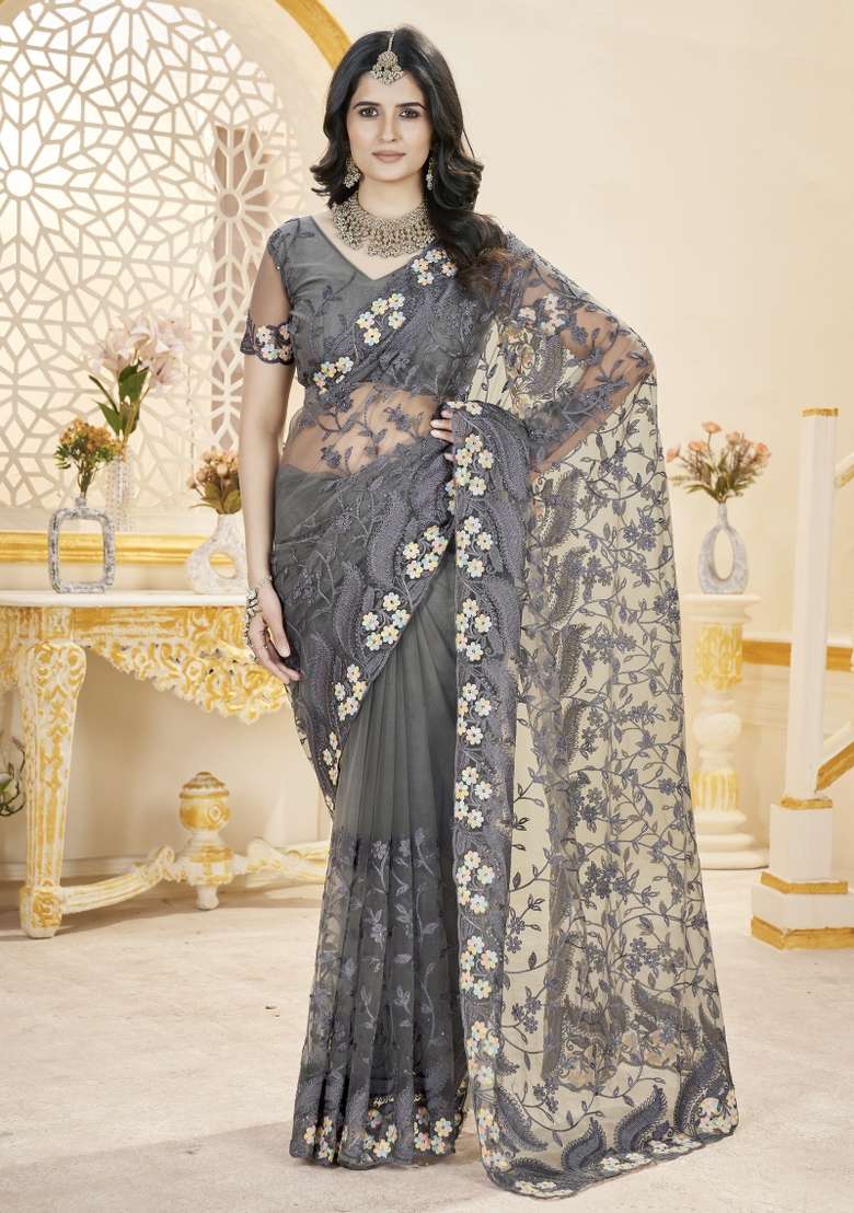 Grey Net Saree Set with Embroidered for Diwali | Wedding & Festive Wear - Indya