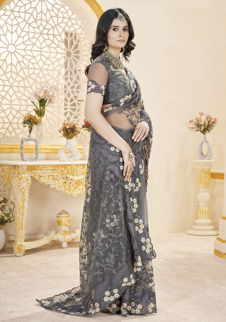Grey Net Saree Set with Embroidered for Diwali | Wedding & Festive Wear - Indya
