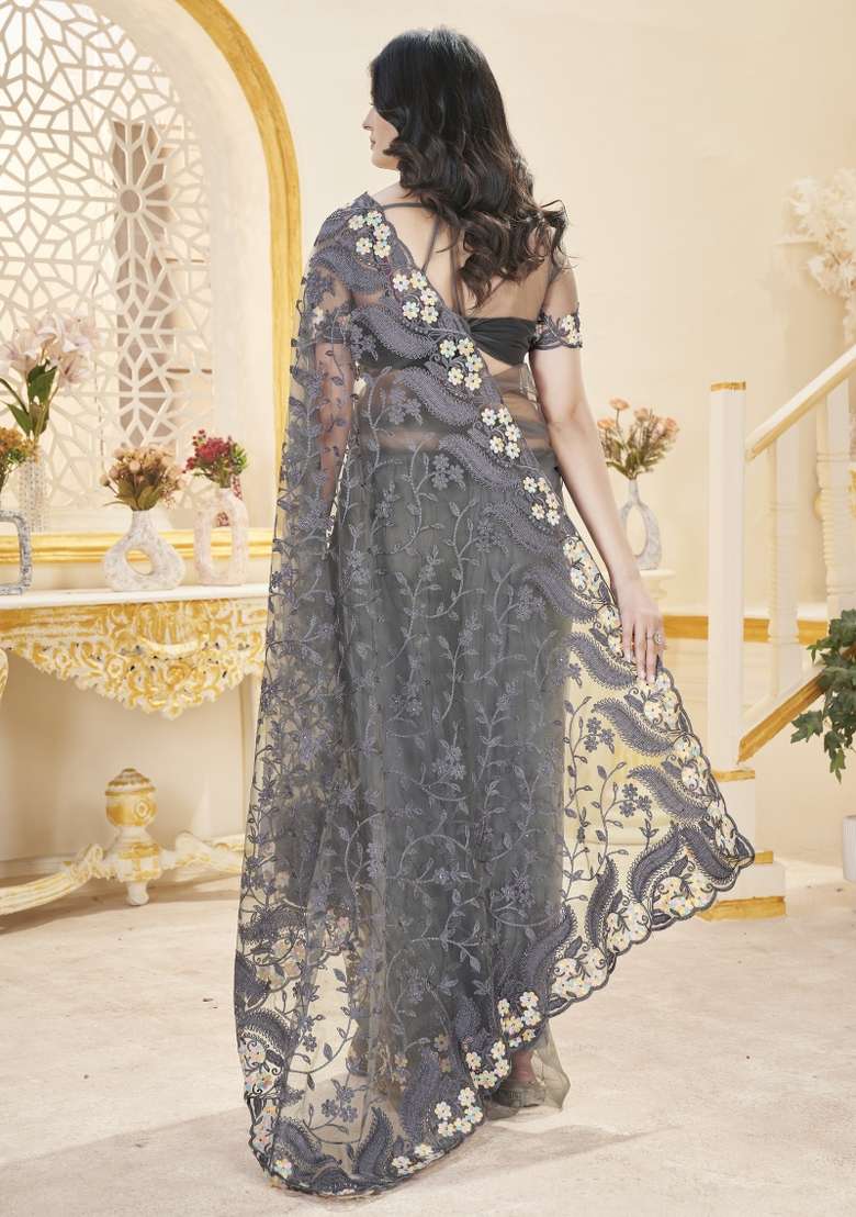 Grey Net Saree Set with Embroidered for Diwali | Wedding & Festive Wear - Indya
