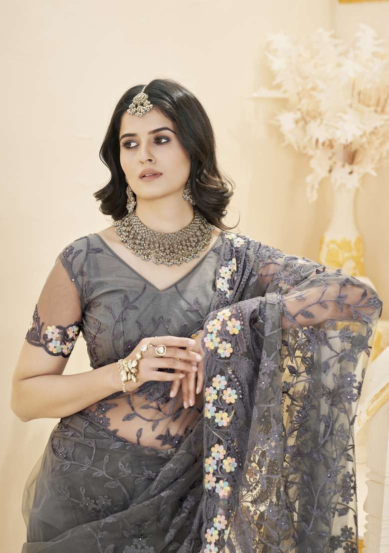 Grey Net Saree Set with Embroidered for Diwali | Wedding & Festive Wear - Indya