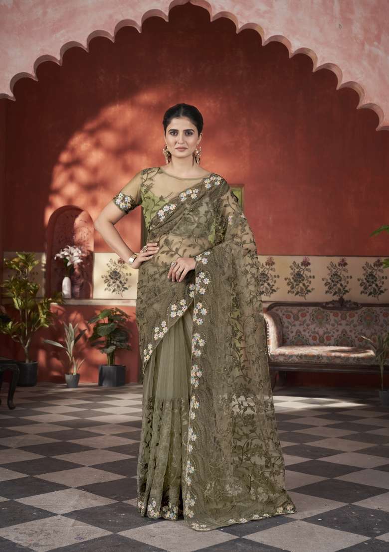 Mehendi Green Net Saree Set with Embroidered for Diwali | Wedding & Festive Wear - Indya