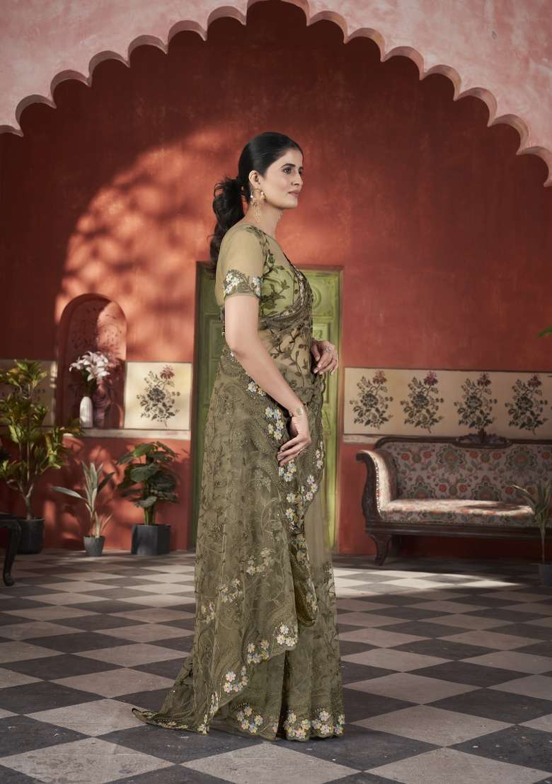 Mehendi Green Net Saree Set with Embroidered for Diwali | Wedding & Festive Wear - Indya