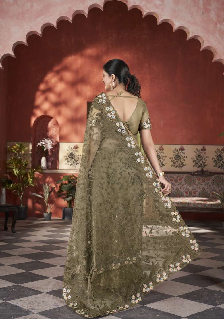 Mehendi Green Net Saree Set with Embroidered for Diwali | Wedding & Festive Wear - Indya