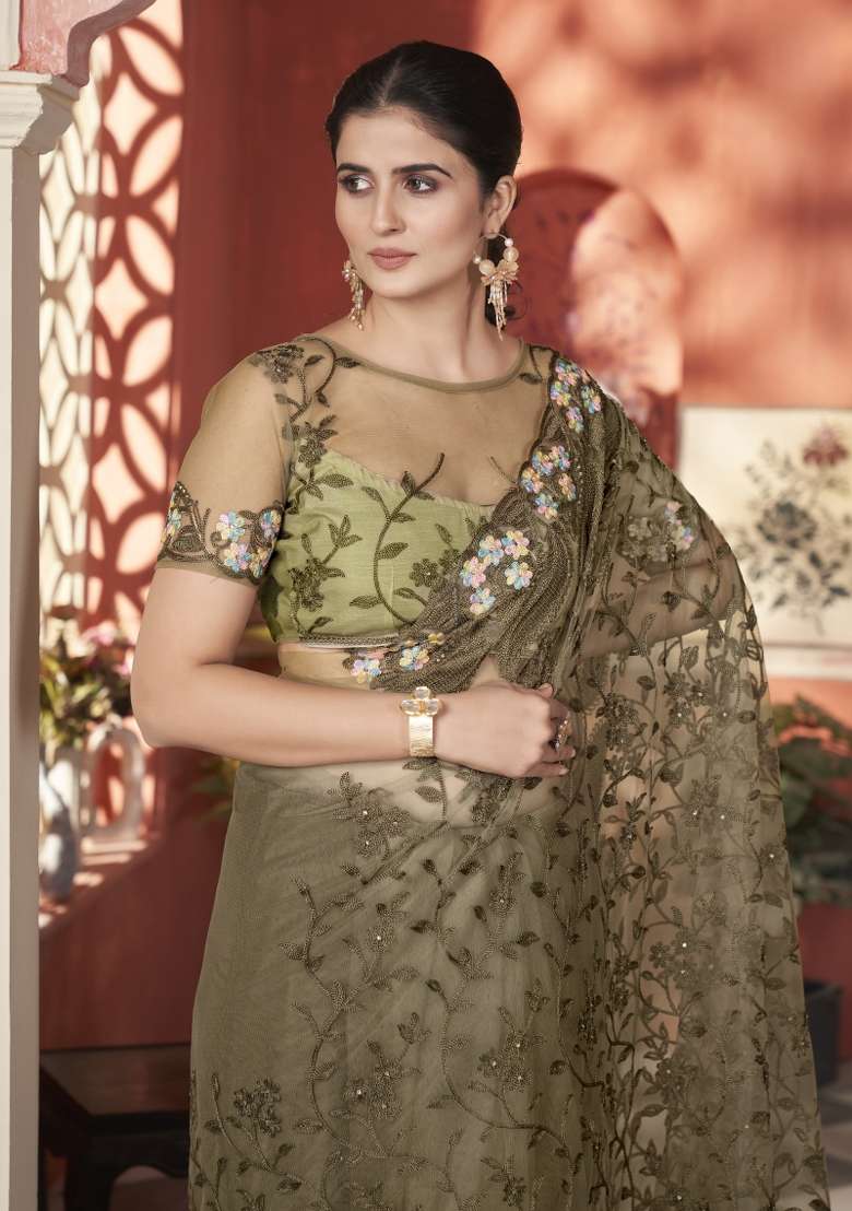 Mehendi Green Net Saree Set with Embroidered for Diwali | Wedding & Festive Wear - Indya