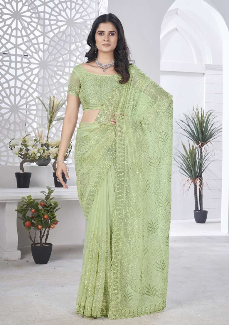 Pista Green Embroidered Net Saree Set for Diwali and Festive Wear - Indya