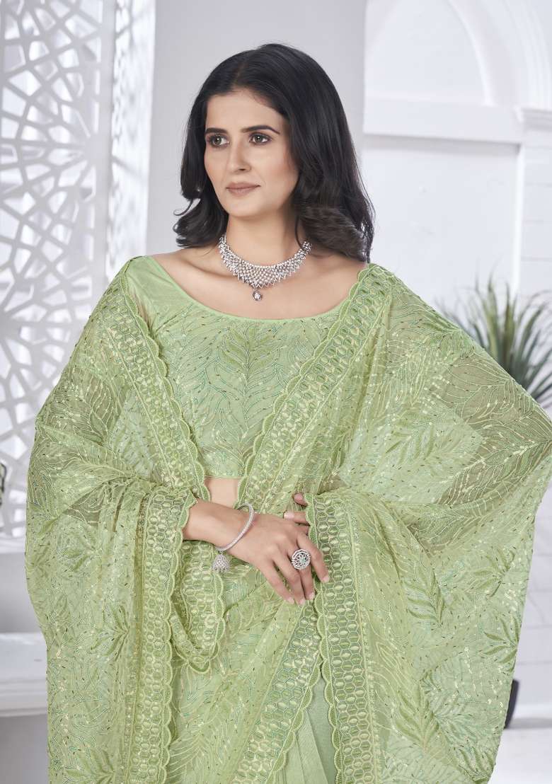 Pista Green Embroidered Net Saree Set for Diwali and Festive Wear - Indya