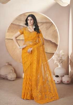 Yellow Embroidered Net Saree Set for Diwali and Festive Wear