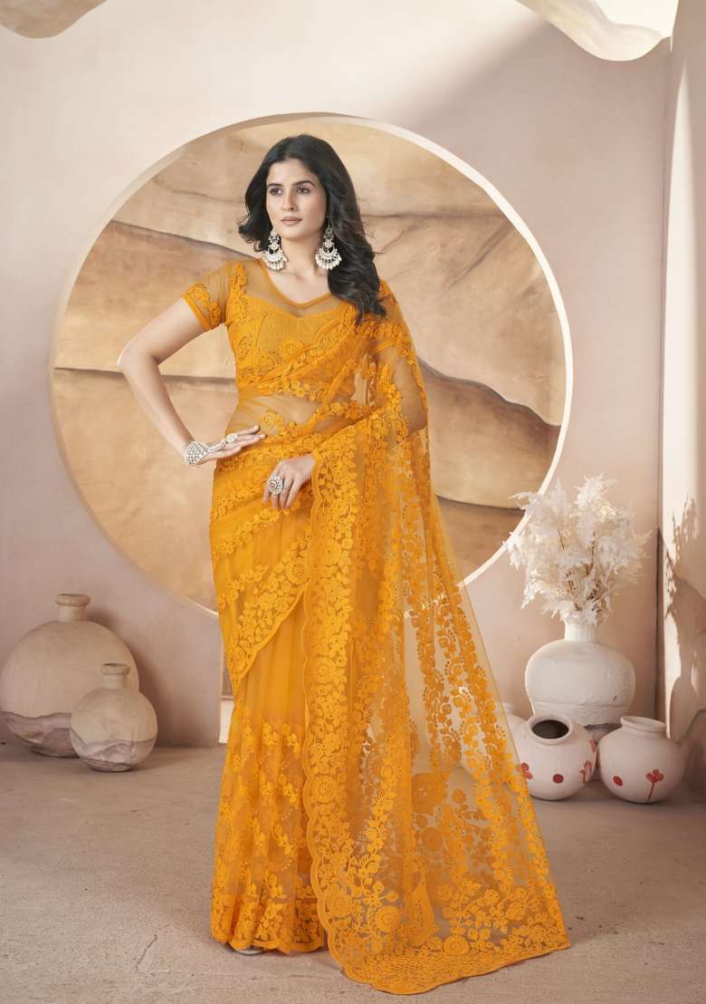 Yellow Embroidered Net Saree Set for Diwali and Festive Wear - Indya