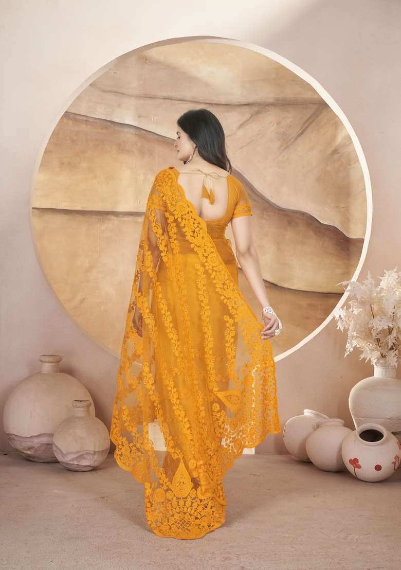 Yellow Embroidered Net Saree Set for Diwali and Festive Wear - Indya