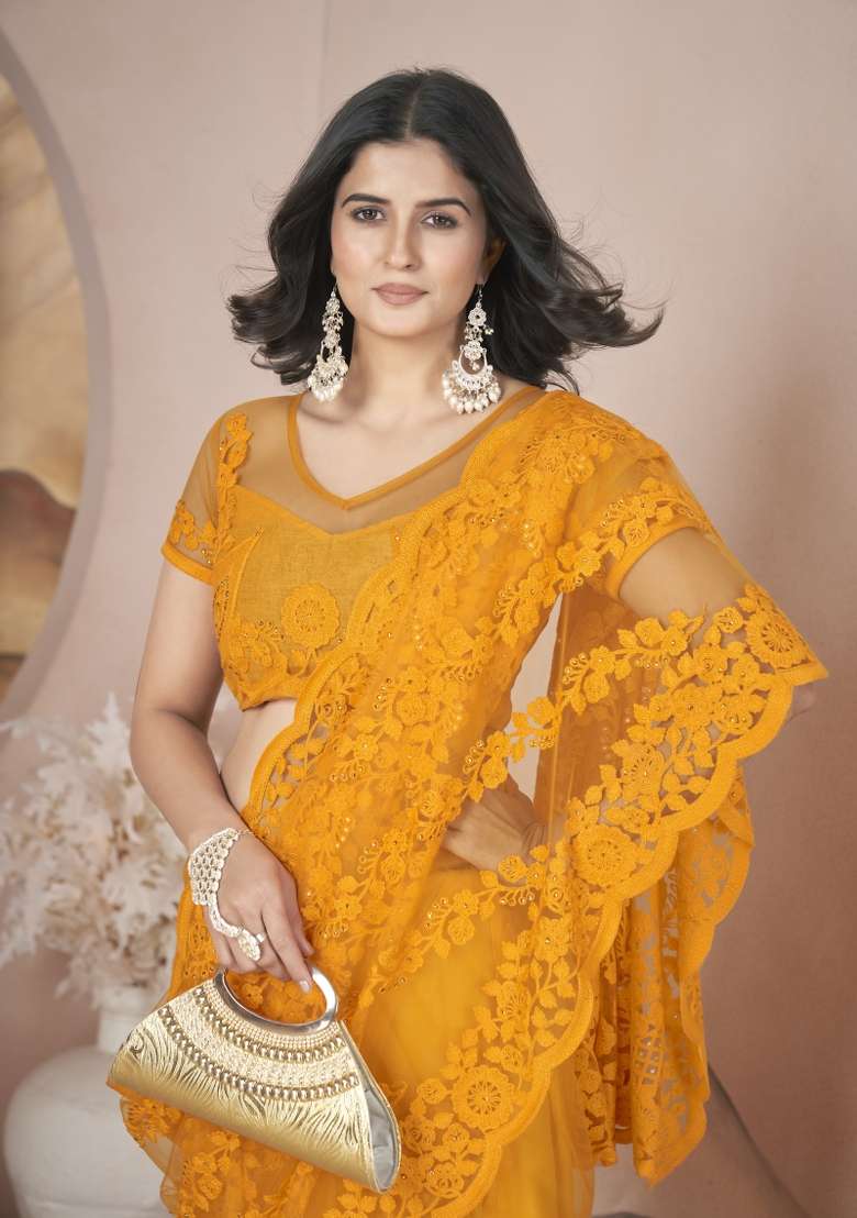 Yellow Embroidered Net Saree Set for Diwali and Festive Wear - Indya