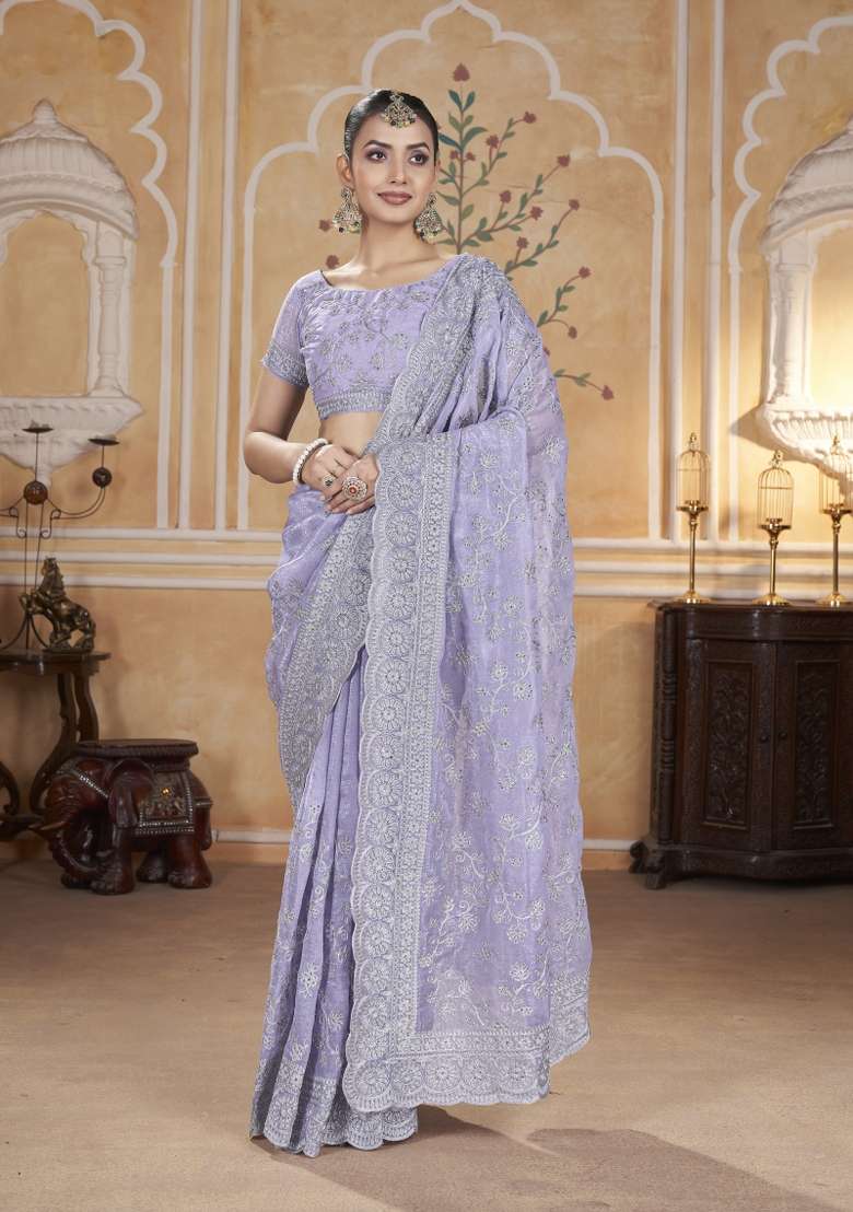Lavender Silk Blend Saree Set with Embroidered for Diwali | Wedding & Festive Wear - Indya
