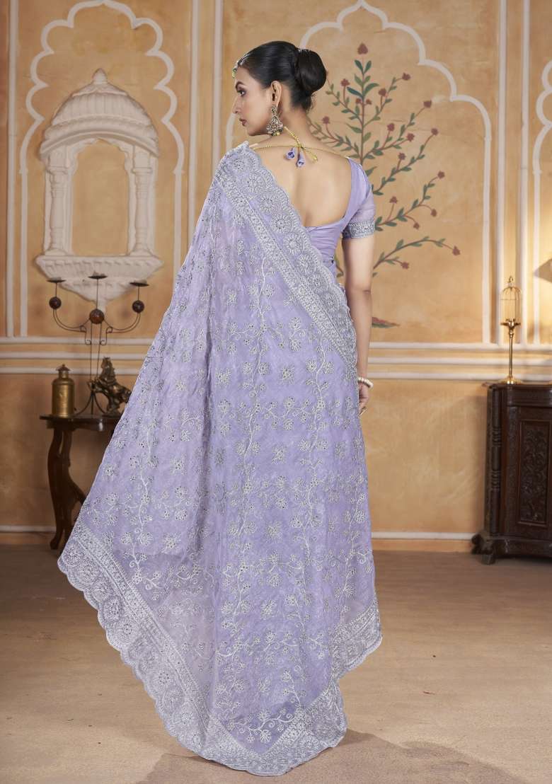 Lavender Silk Blend Saree Set with Embroidered for Diwali | Wedding & Festive Wear - Indya