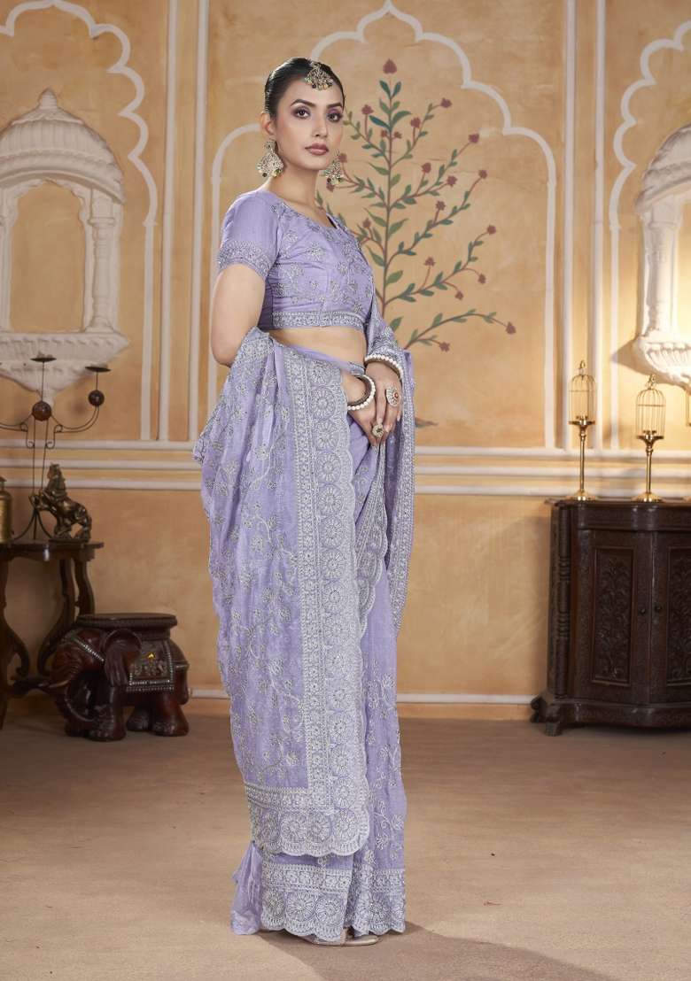 Lavender Silk Blend Saree Set with Embroidered for Diwali | Wedding & Festive Wear - Indya