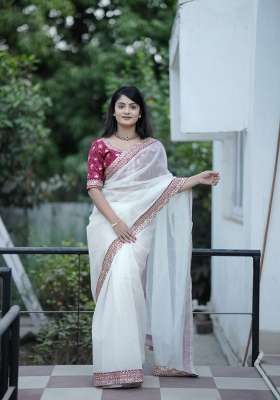 White Silk Blend Saree Set with Embroidered for Diwali | Wedding & Festive Wear