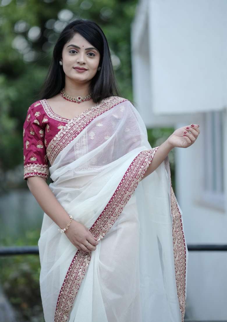 White Silk Blend Saree Set with Embroidered for Diwali | Wedding & Festive Wear - Indya