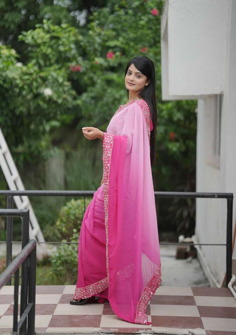 Pink Georgette Saree Set with Embroidered for Diwali | Wedding & Festive Wear - Indya