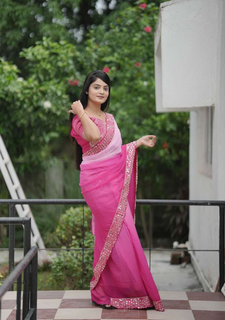 Pink Georgette Saree Set with Embroidered for Diwali | Wedding & Festive Wear - Indya