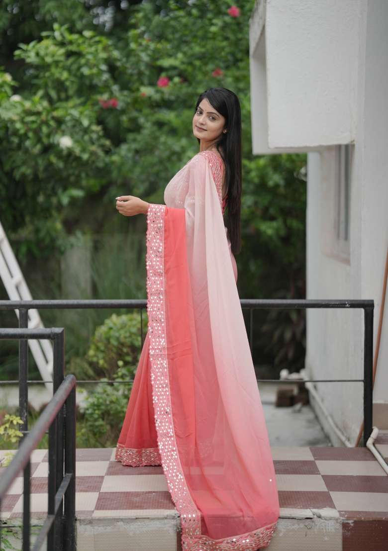 Peach Embroidered Georgette Saree Set for Diwali and Festive Wear - Indya