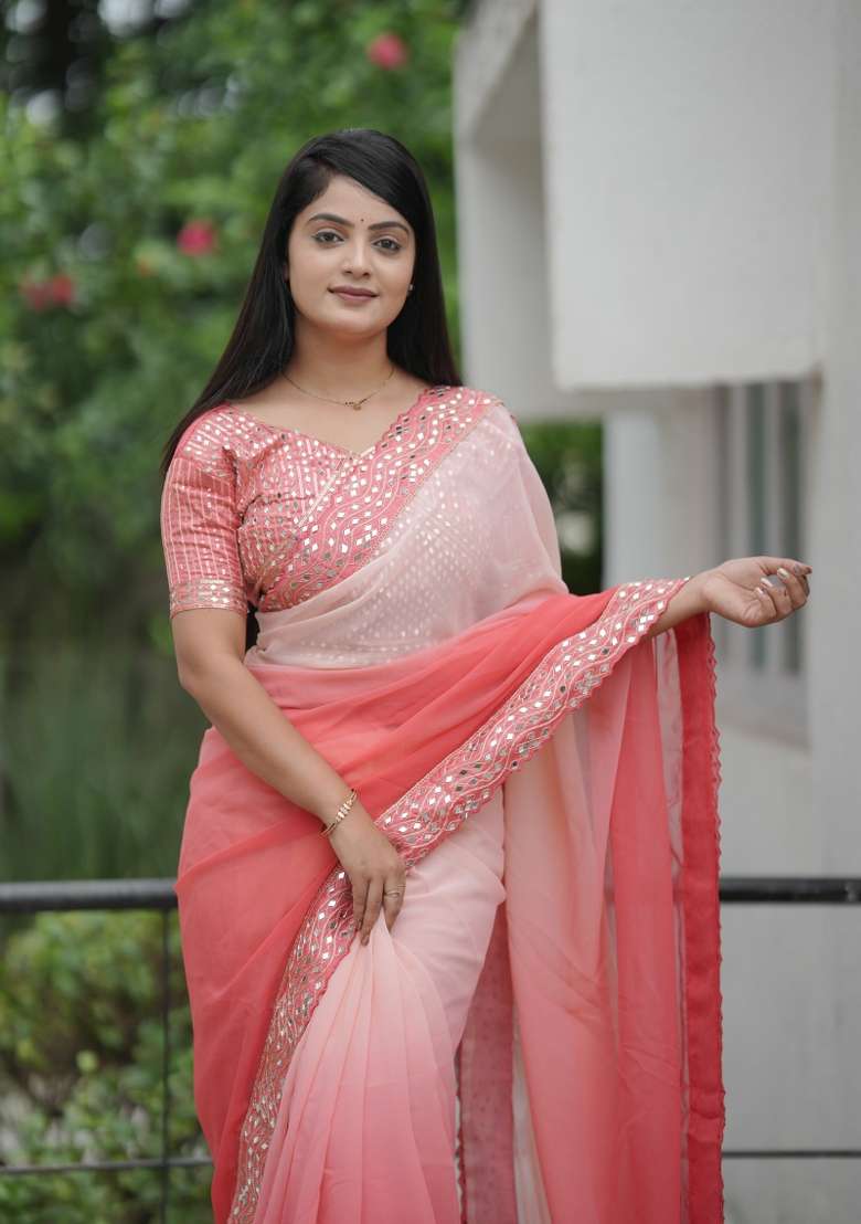 Peach Embroidered Georgette Saree Set for Diwali and Festive Wear - Indya
