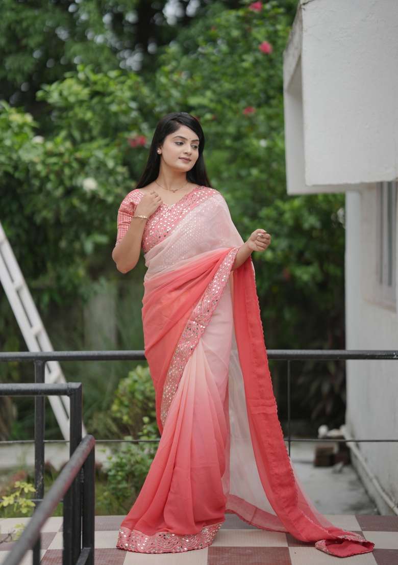 Peach Embroidered Georgette Saree Set for Diwali and Festive Wear - Indya