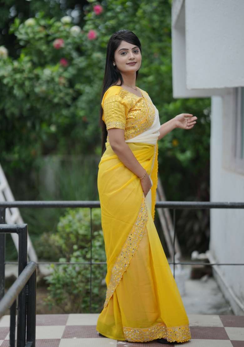 Yellow Georgette Saree Set with Embroidered for Diwali | Wedding & Festive Wear - Indya