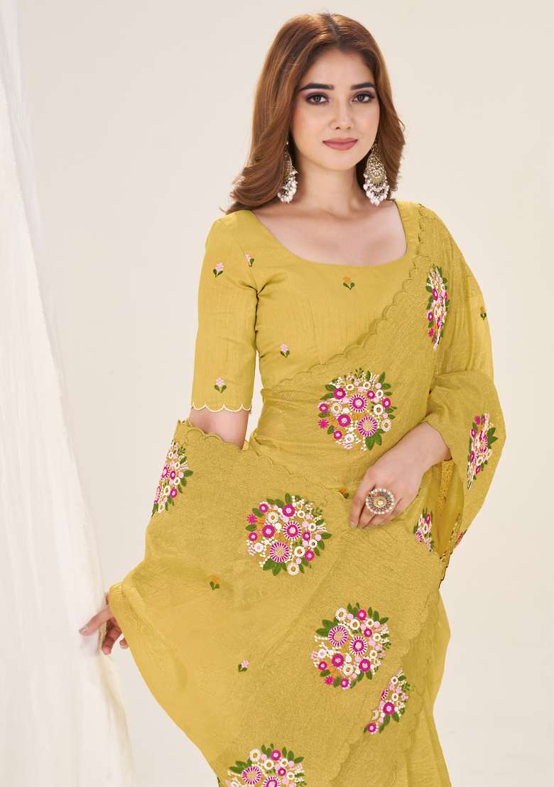 Yellow Silk Blend Saree Set with Thread Work for Diwali | Wedding & Festive Wear - Indya