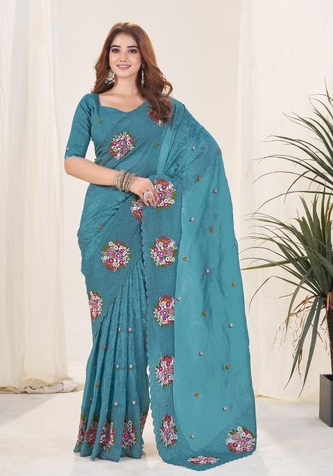 Blue Thread Work Silk Blend Saree Set
