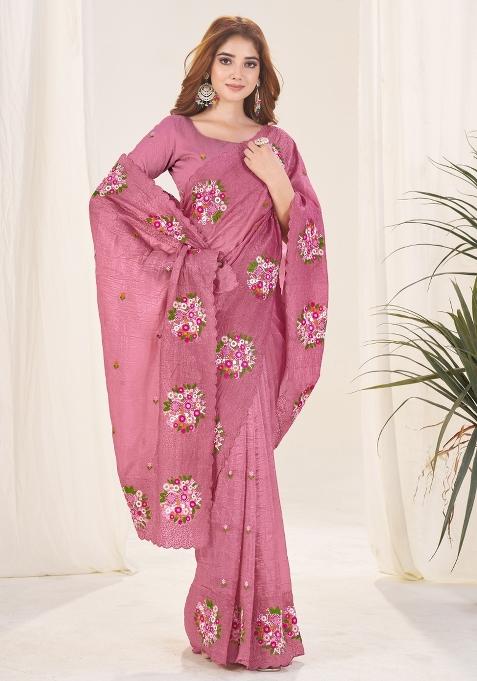 Pink Thread Work Silk Blend Saree Set