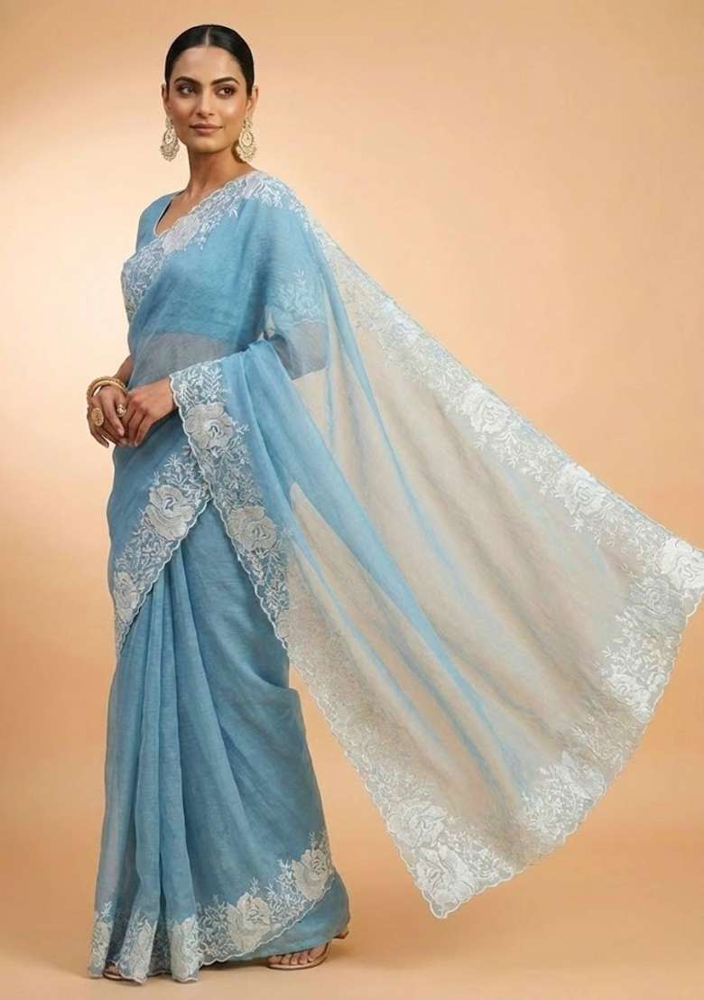 Sky Blue Silk Blend Saree Set with Embroidered for Diwali | Wedding & Festive Wear - Indya