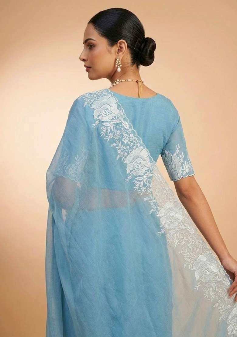 Sky Blue Silk Blend Saree Set with Embroidered for Diwali | Wedding & Festive Wear - Indya