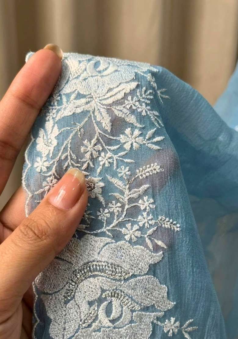Sky Blue Silk Blend Saree Set with Embroidered for Diwali | Wedding & Festive Wear - Indya
