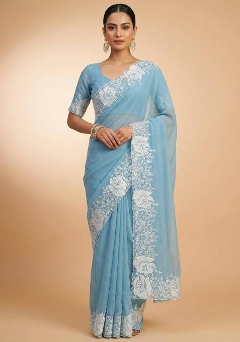 Sky Blue Embroidered Silk Blend Saree Set