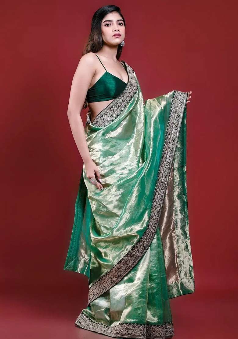 Green Embroidered Silk Blend Saree Set for Diwali and Festive Wear - Indya