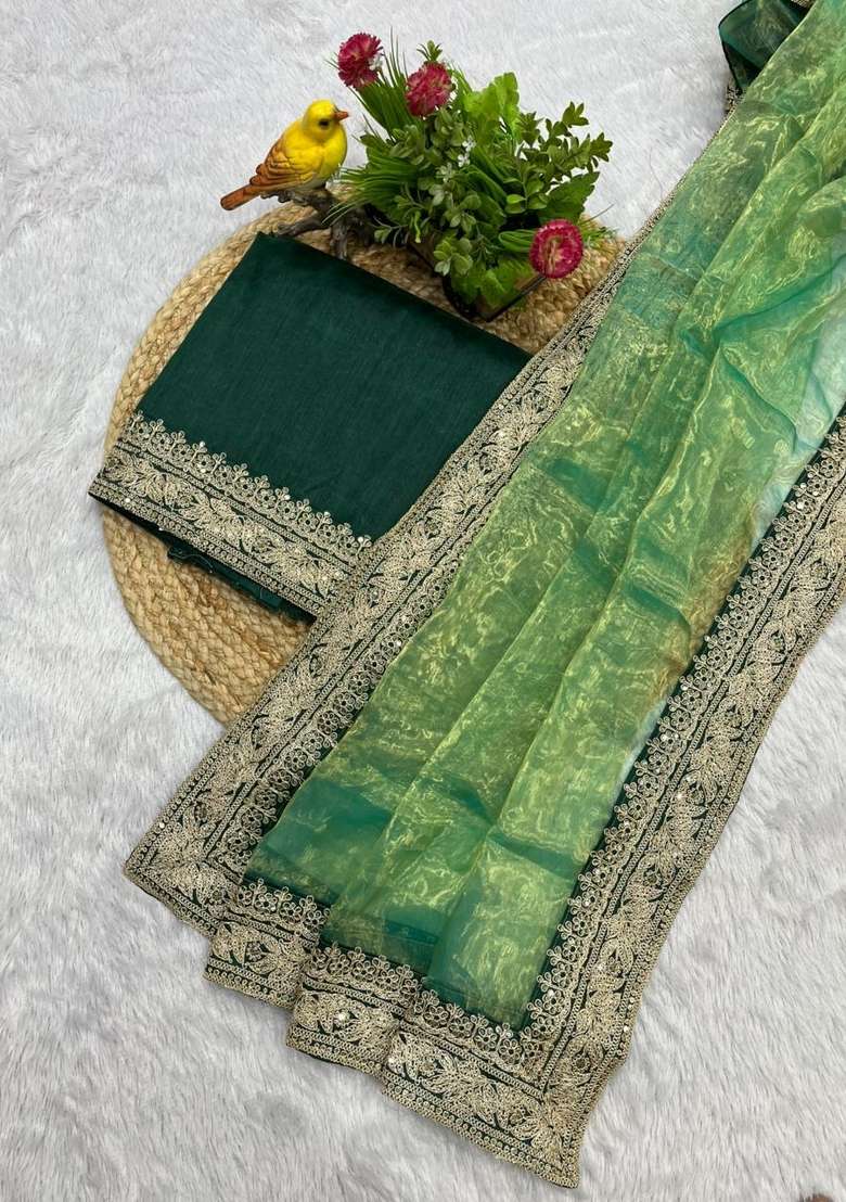 Green Embroidered Silk Blend Saree Set for Diwali and Festive Wear - Indya