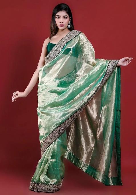 Green Embroidered Silk Blend Saree Set