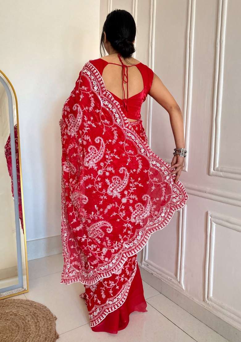 Red Silk Blend Saree Set with Embroidered for Diwali | Wedding & Festive Wear - Indya