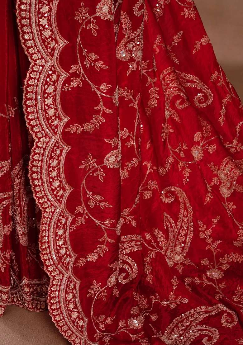 Red Silk Blend Saree Set with Embroidered for Diwali | Wedding & Festive Wear - Indya