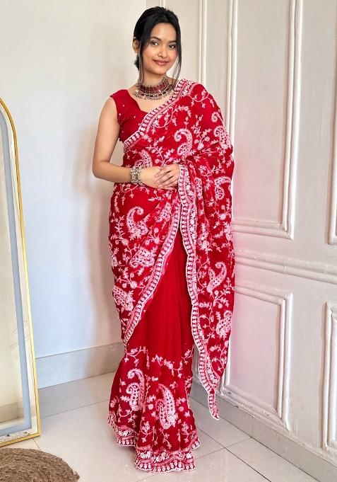 Red Embroidered Silk Blend Saree Set