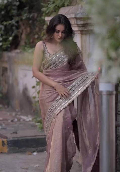 Mauve Embroidered Net Saree Set