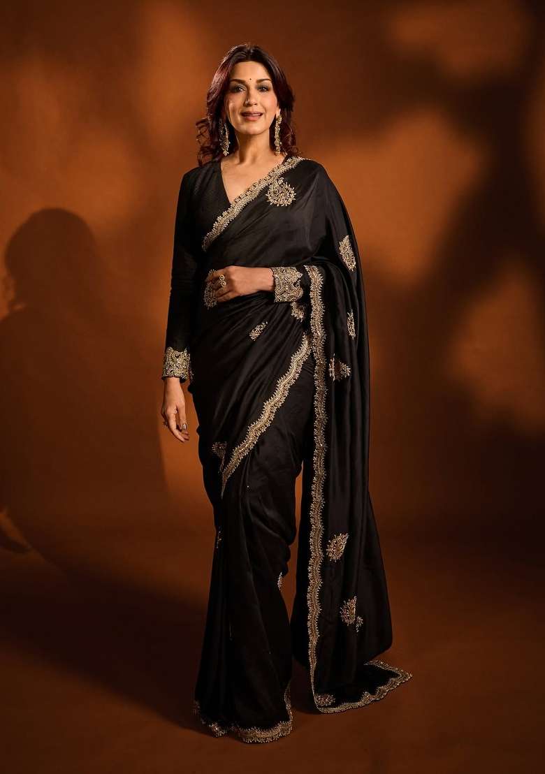 Black Embroidered Silk Blend Saree Set for Diwali and Festive Wear - Indya