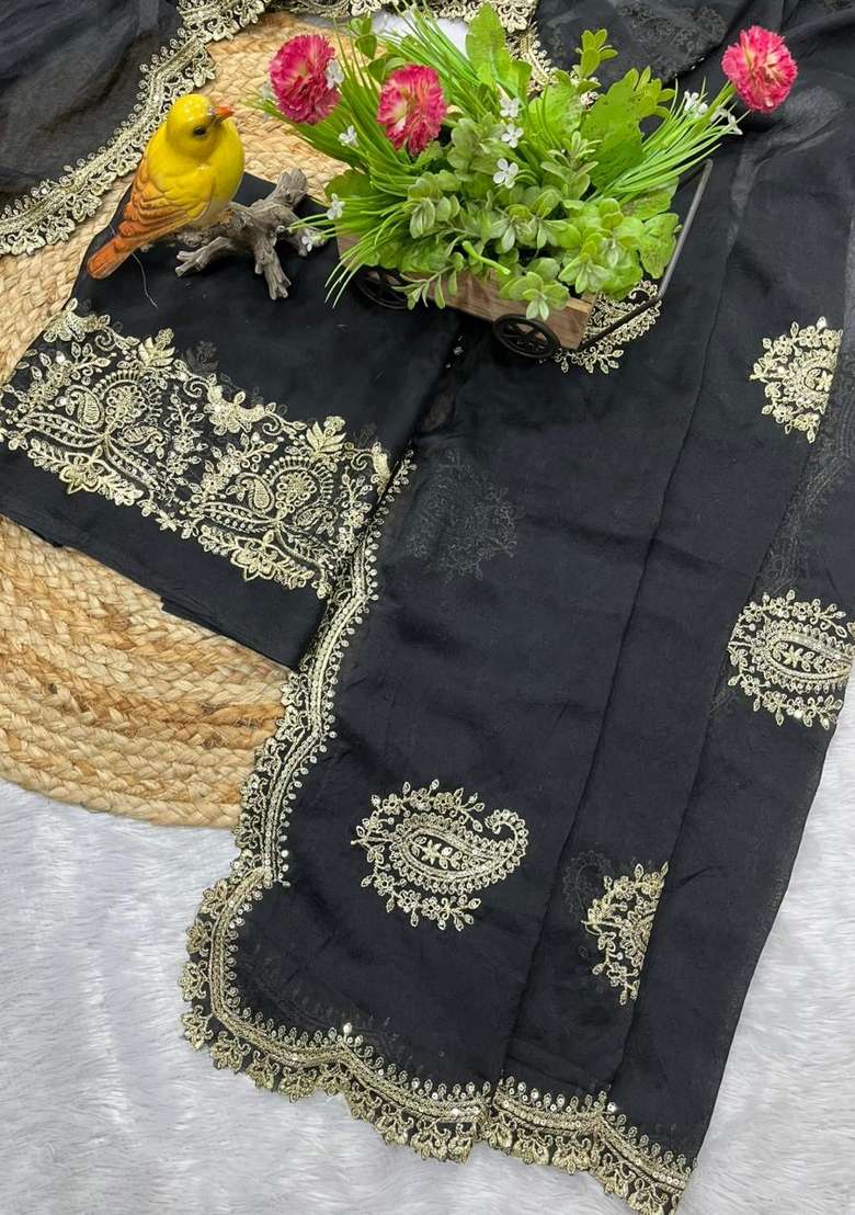 Black Embroidered Silk Blend Saree Set for Diwali and Festive Wear - Indya
