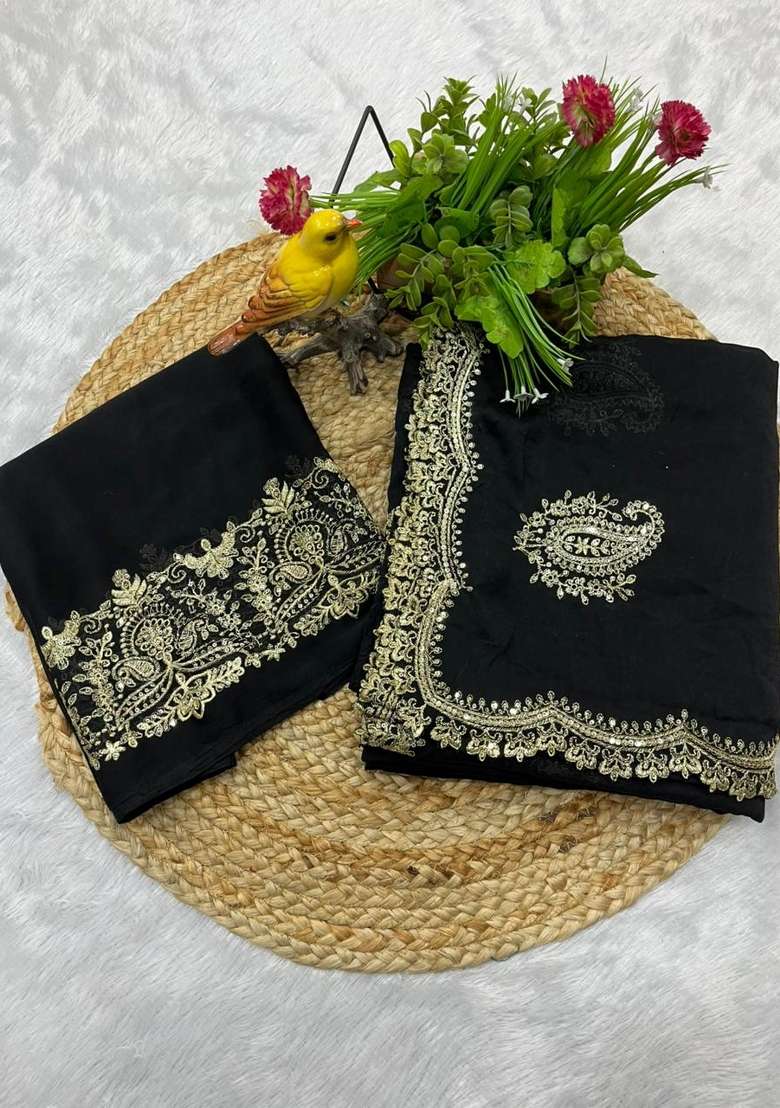 Black Embroidered Silk Blend Saree Set for Diwali and Festive Wear - Indya