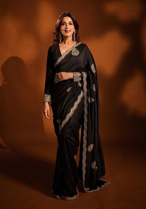 Black Embroidered Silk Blend Saree Set