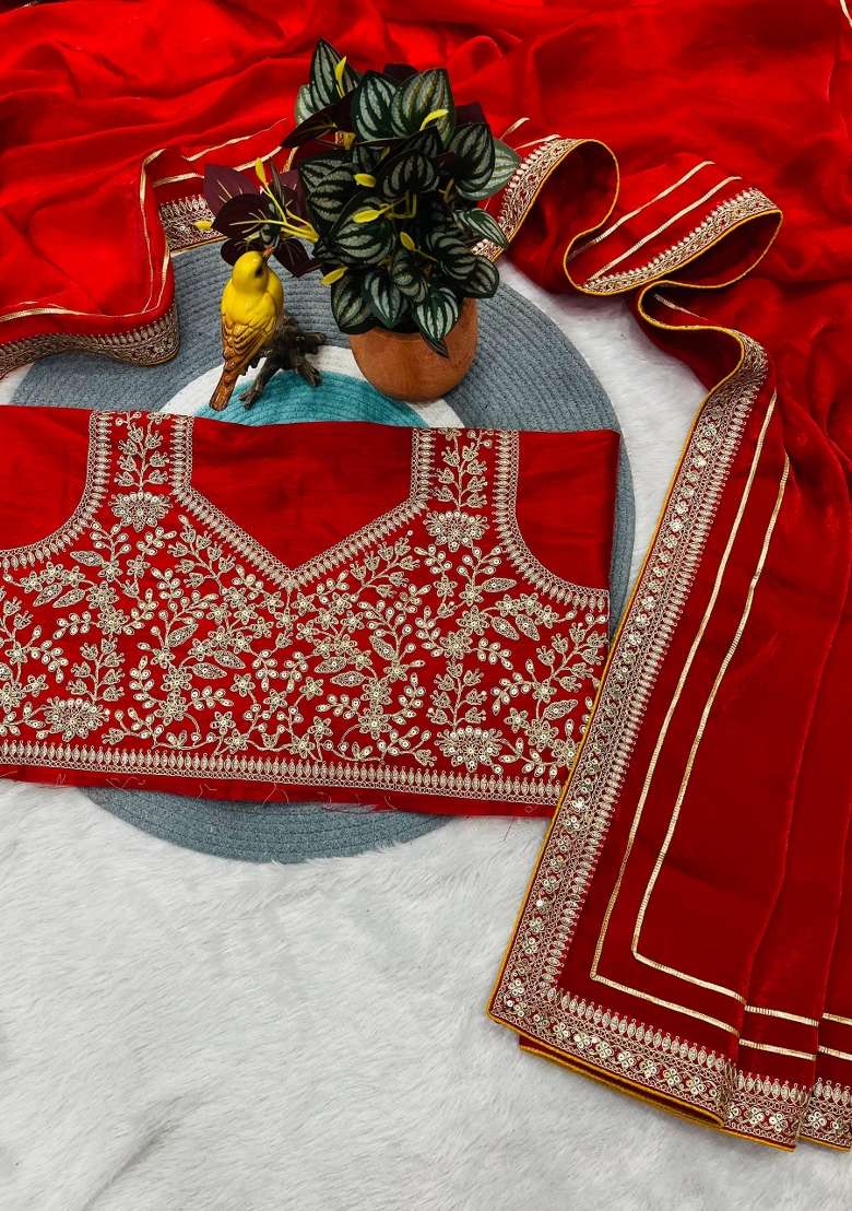 Red Silk Blend Saree Set with Embroidered for Diwali | Wedding & Festive Wear - Indya