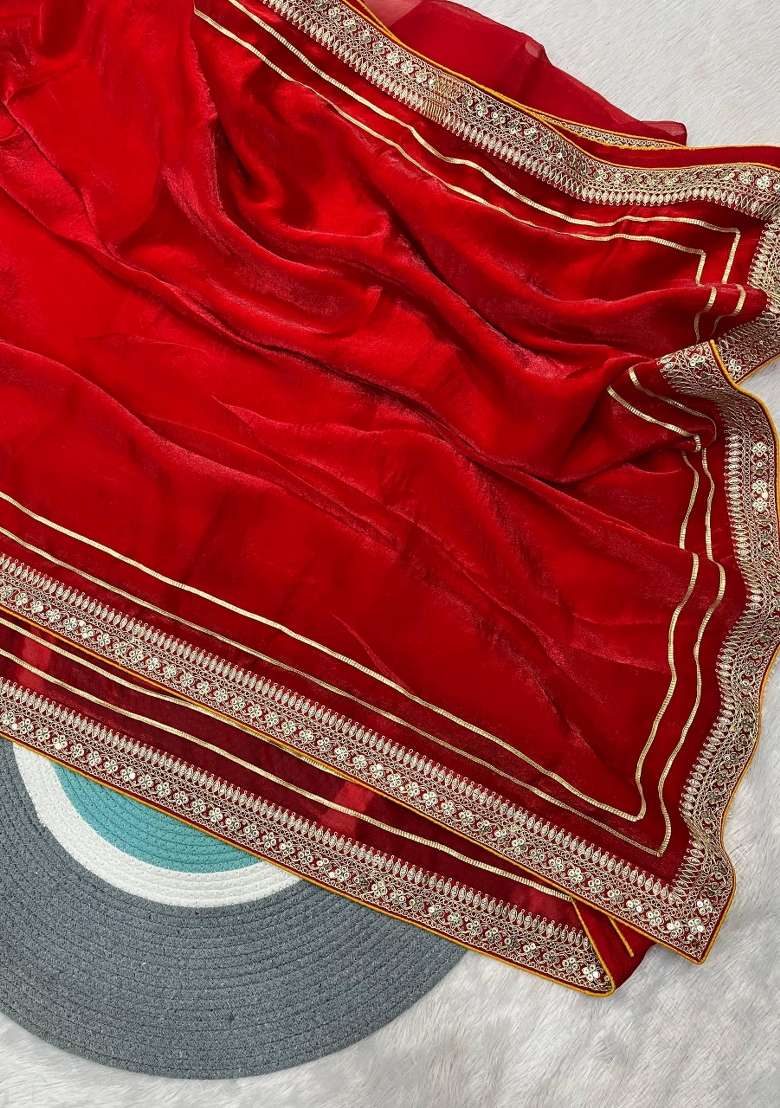 Red Silk Blend Saree Set with Embroidered for Diwali | Wedding & Festive Wear - Indya