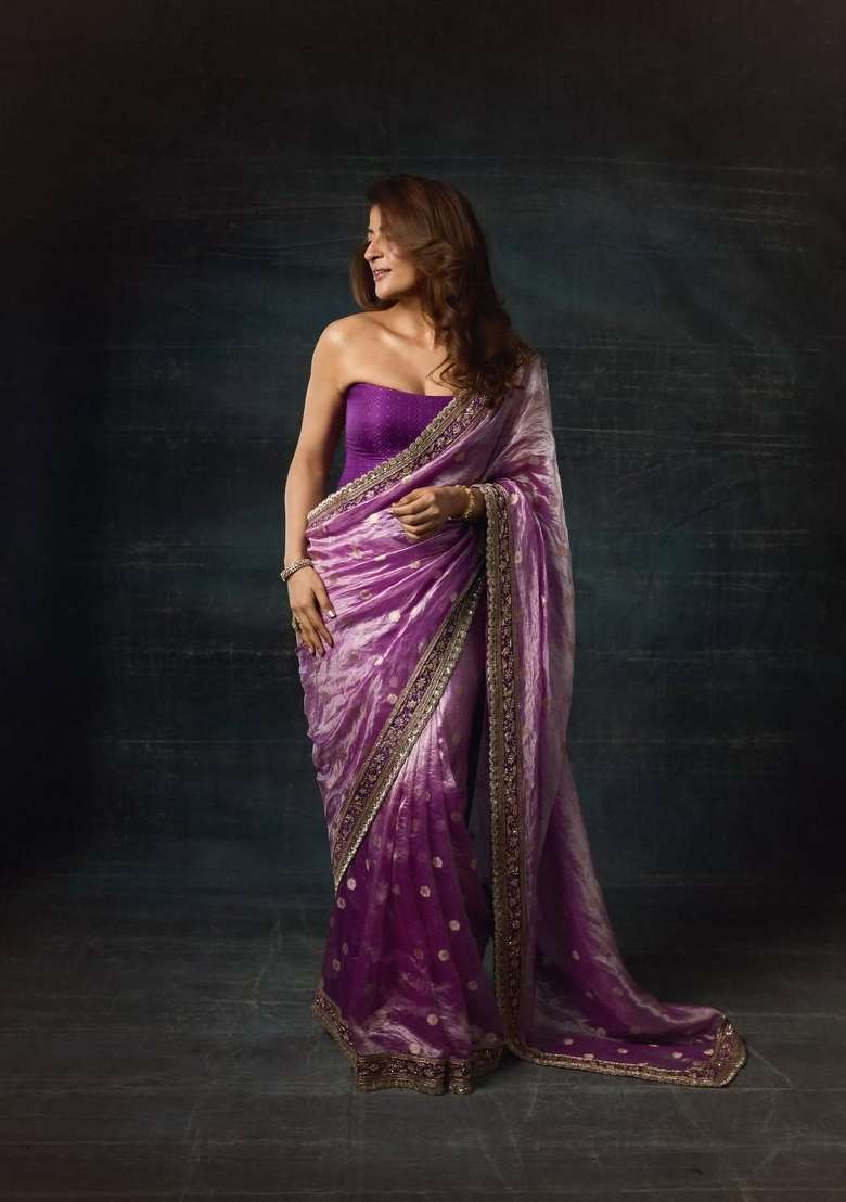 Purple Silk Blend Saree Set with Embroidered for Diwali | Wedding & Festive Wear - Indya